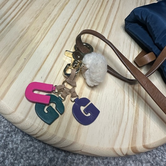 UGG Blue Quilted Puffer Nylon Tote Bag Purse Tan Straps with Keychain Bag Tag - Picture 5 of 10